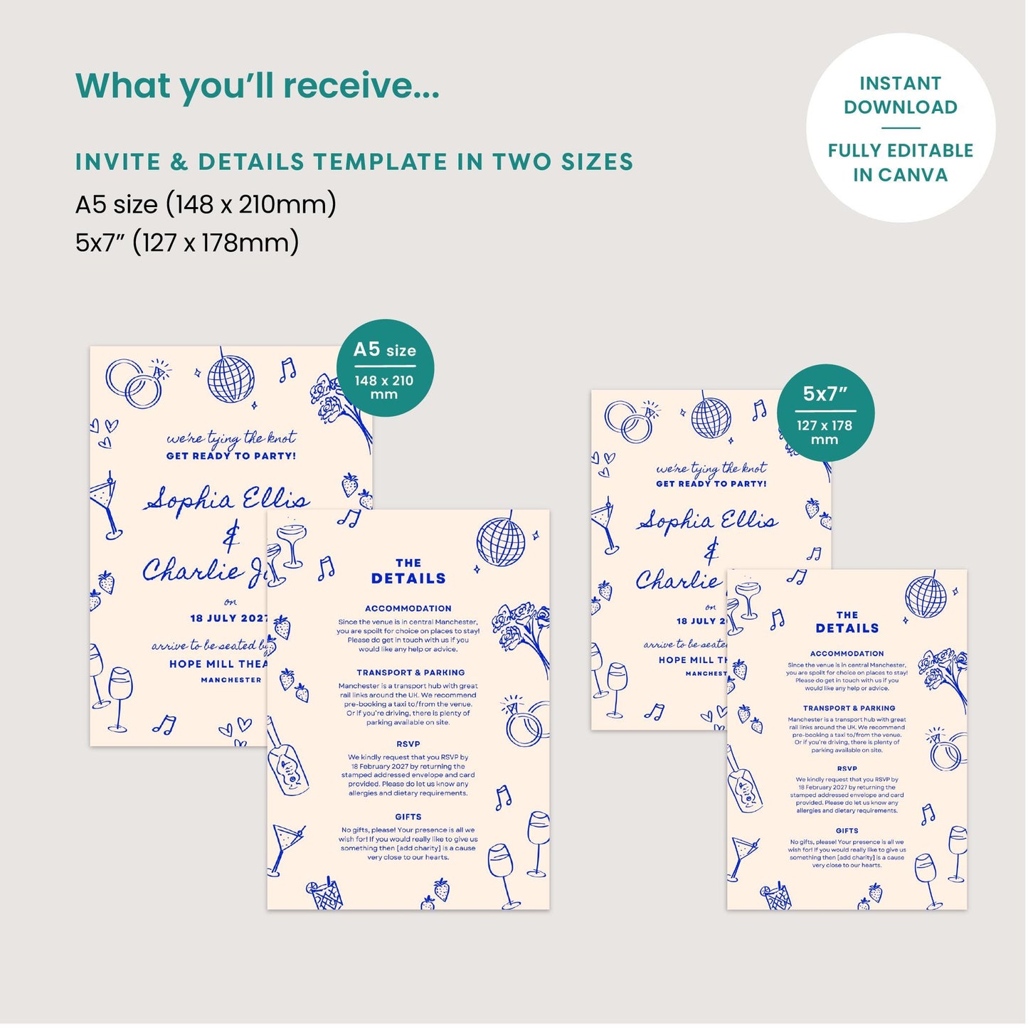 Editable Wedding Invitation & Details Card, Hand Drawn Illustrations, Disco Ball, Canva Template