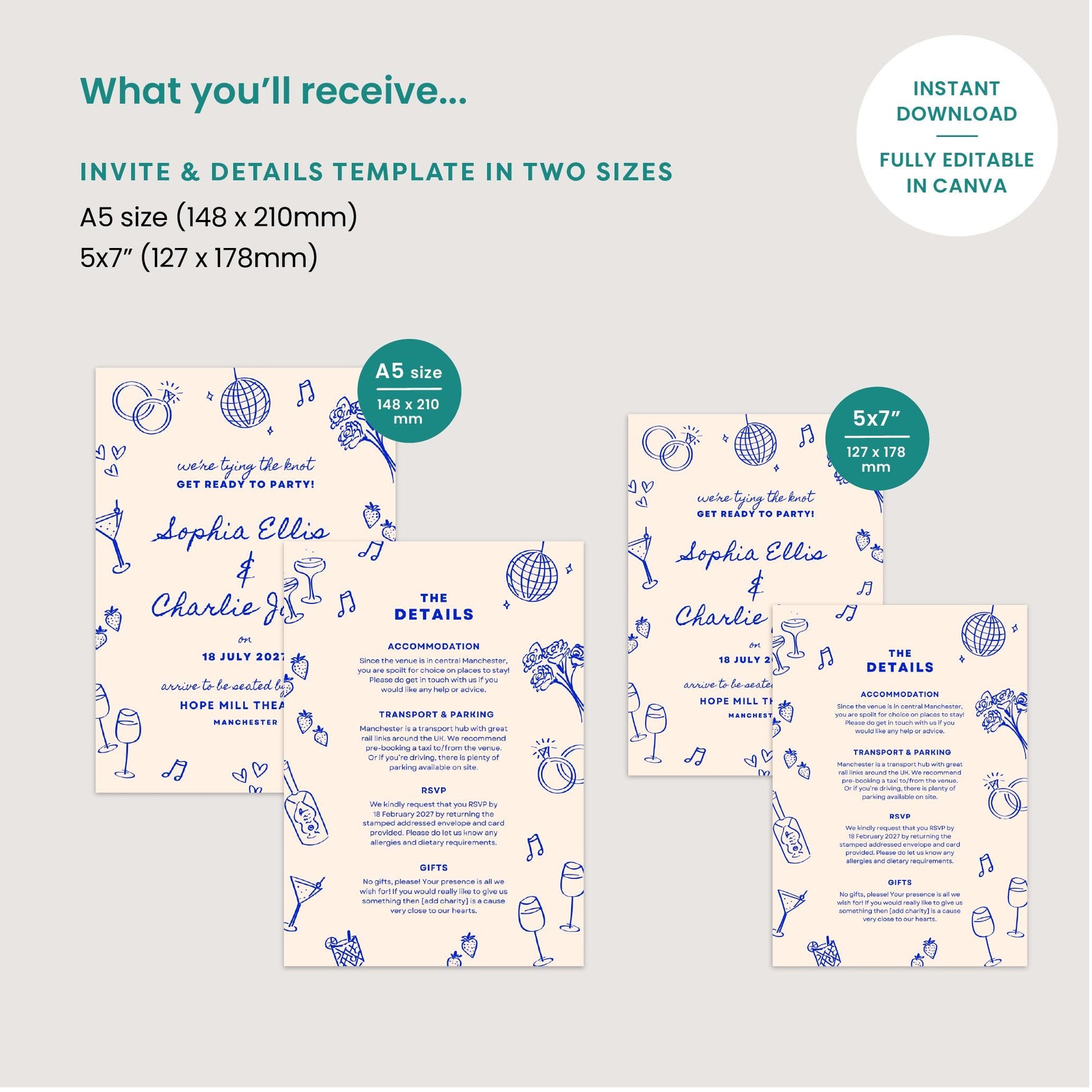 Editable Wedding Invitation & Details Card, Hand Drawn Illustrations, Disco Ball, Canva Template