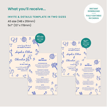 Editable Wedding Invitation & Details Card, Hand Drawn Illustrations, Disco Ball, Canva Template