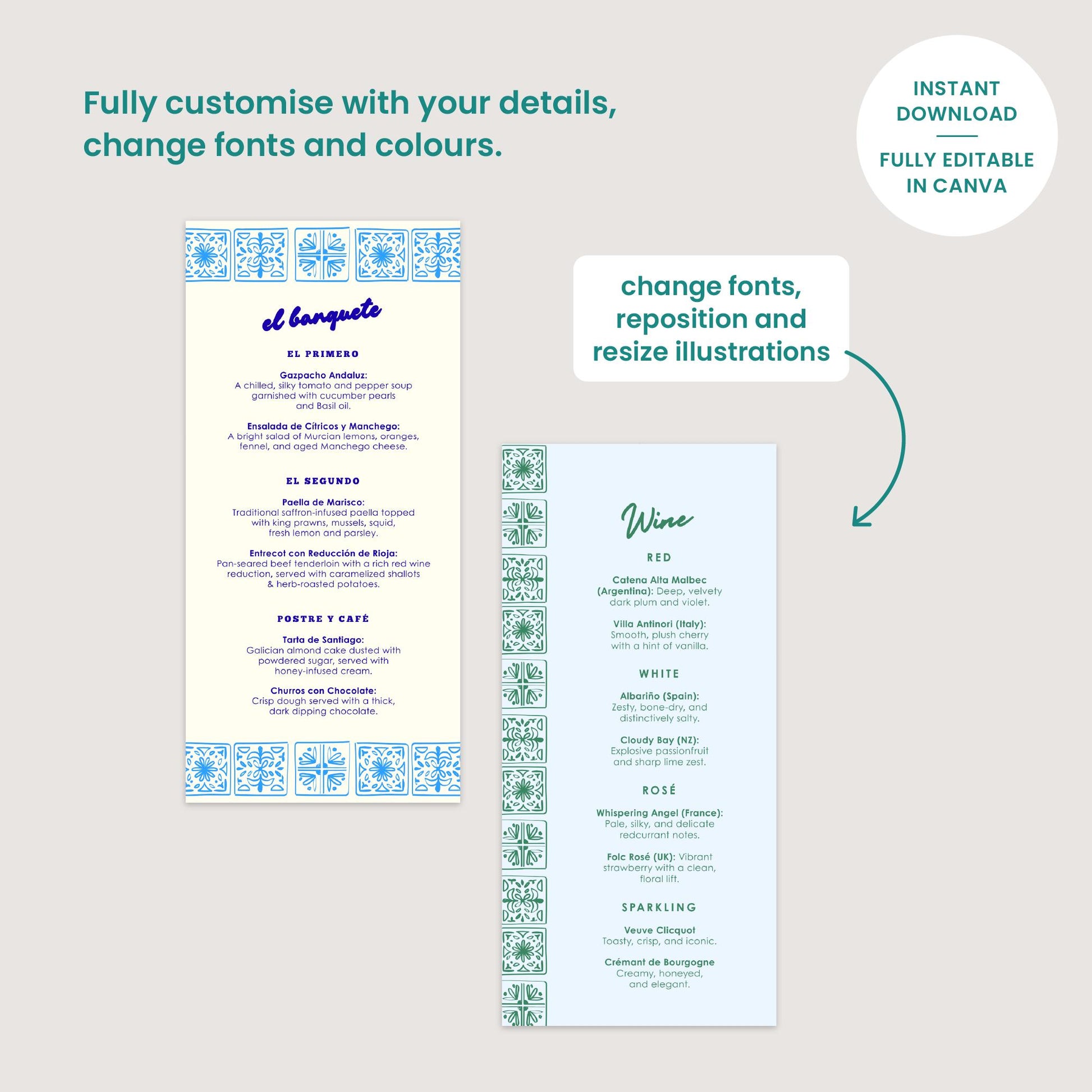 Editable Food and Drink Menus, Hand Drawn Lemons, Spanish Wedding, Canva Template
