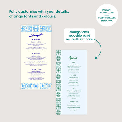 Editable Food and Drink Menus, Hand Drawn Lemons, Spanish Wedding, Canva Template
