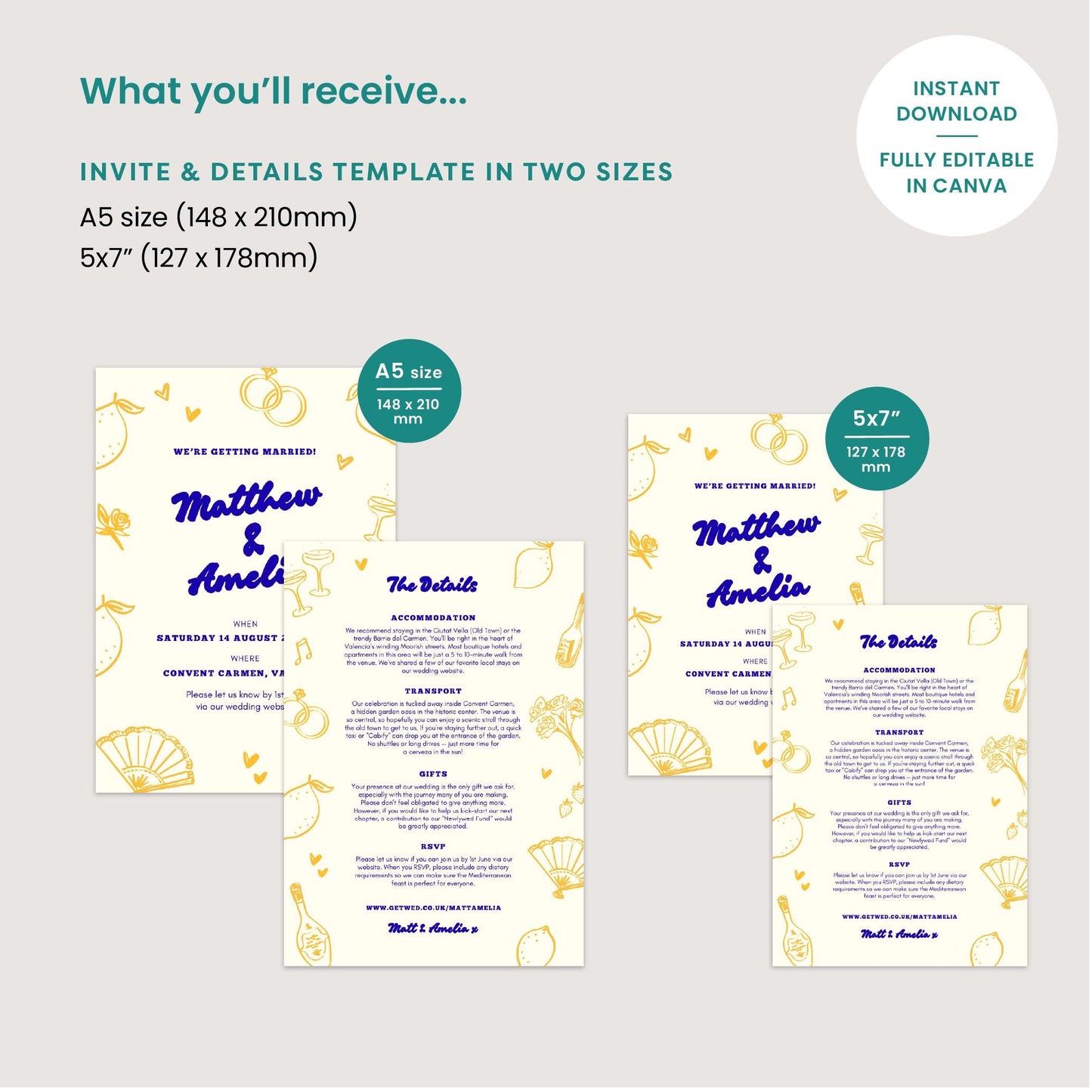 Editable Lemon Wedding Invitation Suite, Canva Template, Spanish Mediterranean Garden, Digital Download
