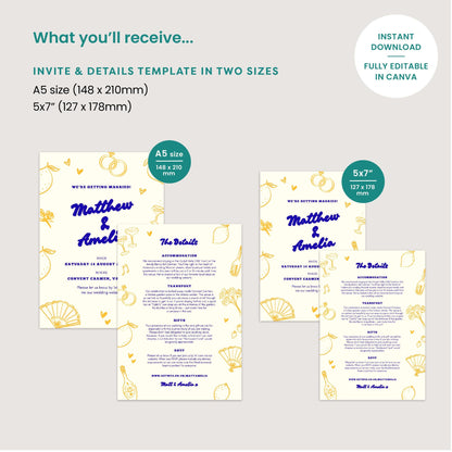 Editable Lemon Wedding Invitation Suite, Canva Template, Spanish Mediterranean Garden, Digital Download