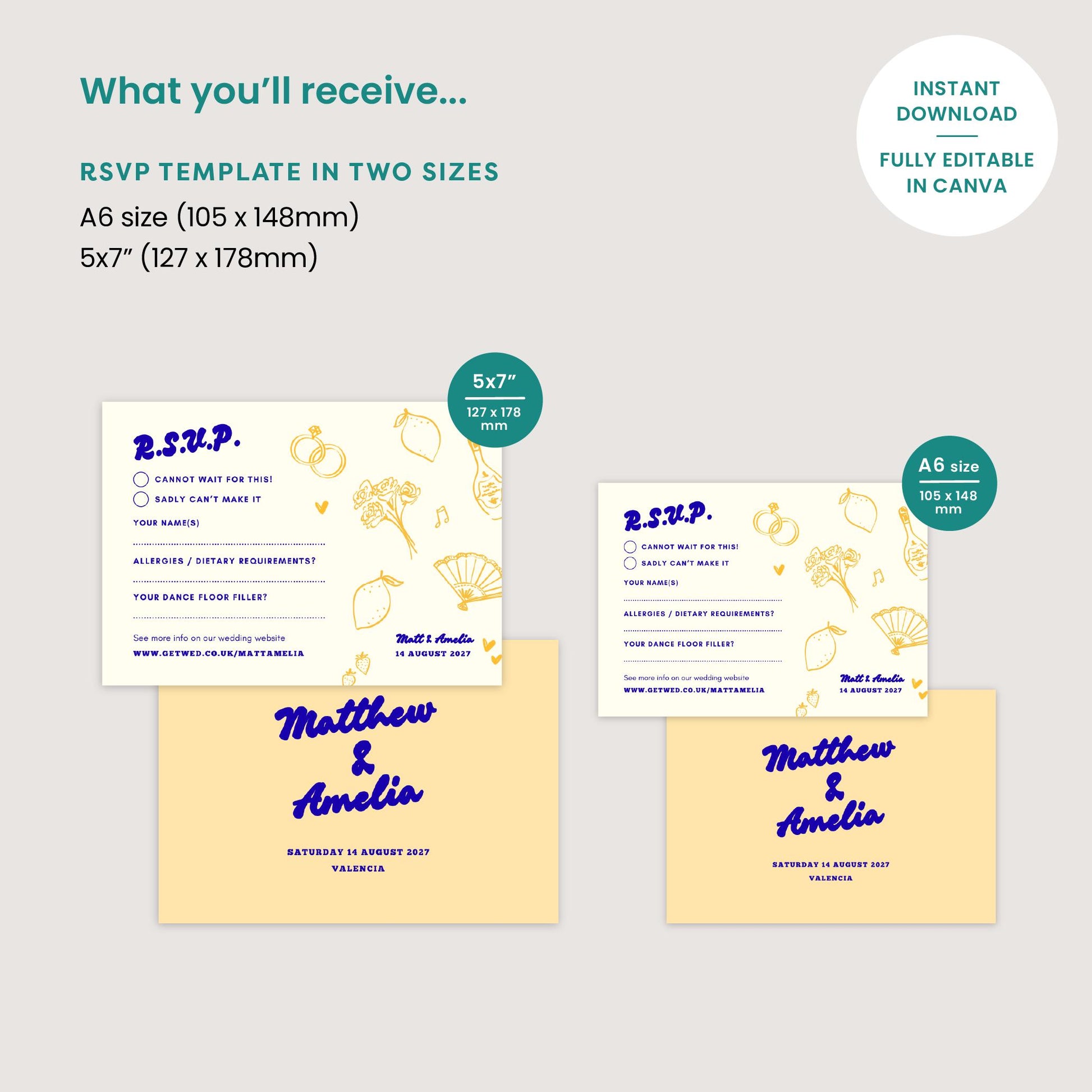 Spanish Lemons RSVP Card, Digital Download, Doodle Illustration, Relaxed Garden Wedding, Canva Template
