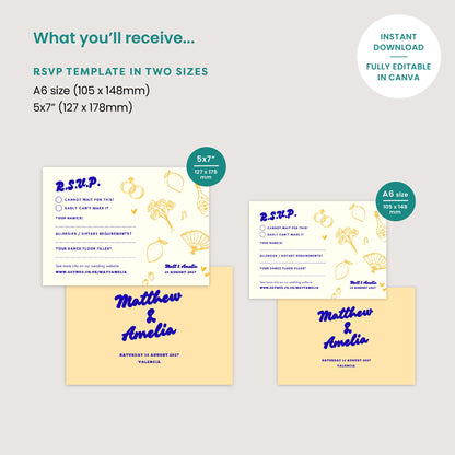 Spanish Lemons RSVP Card, Digital Download, Doodle Illustration, Relaxed Garden Wedding, Canva Template