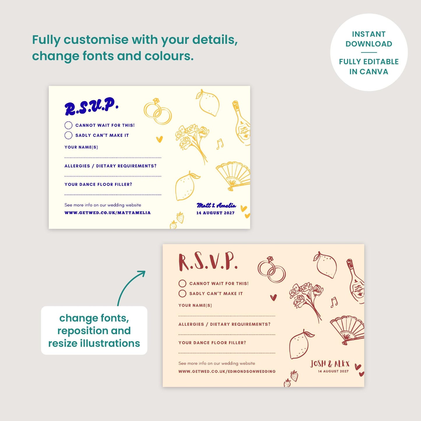 Spanish Lemons RSVP Card, Digital Download, Doodle Illustration, Relaxed Garden Wedding, Canva Template