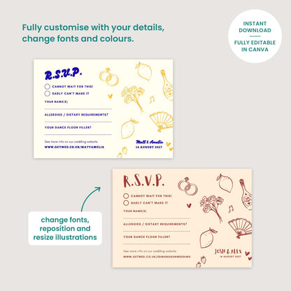 Spanish Lemons RSVP Card, Digital Download, Doodle Illustration, Relaxed Garden Wedding, Canva Template