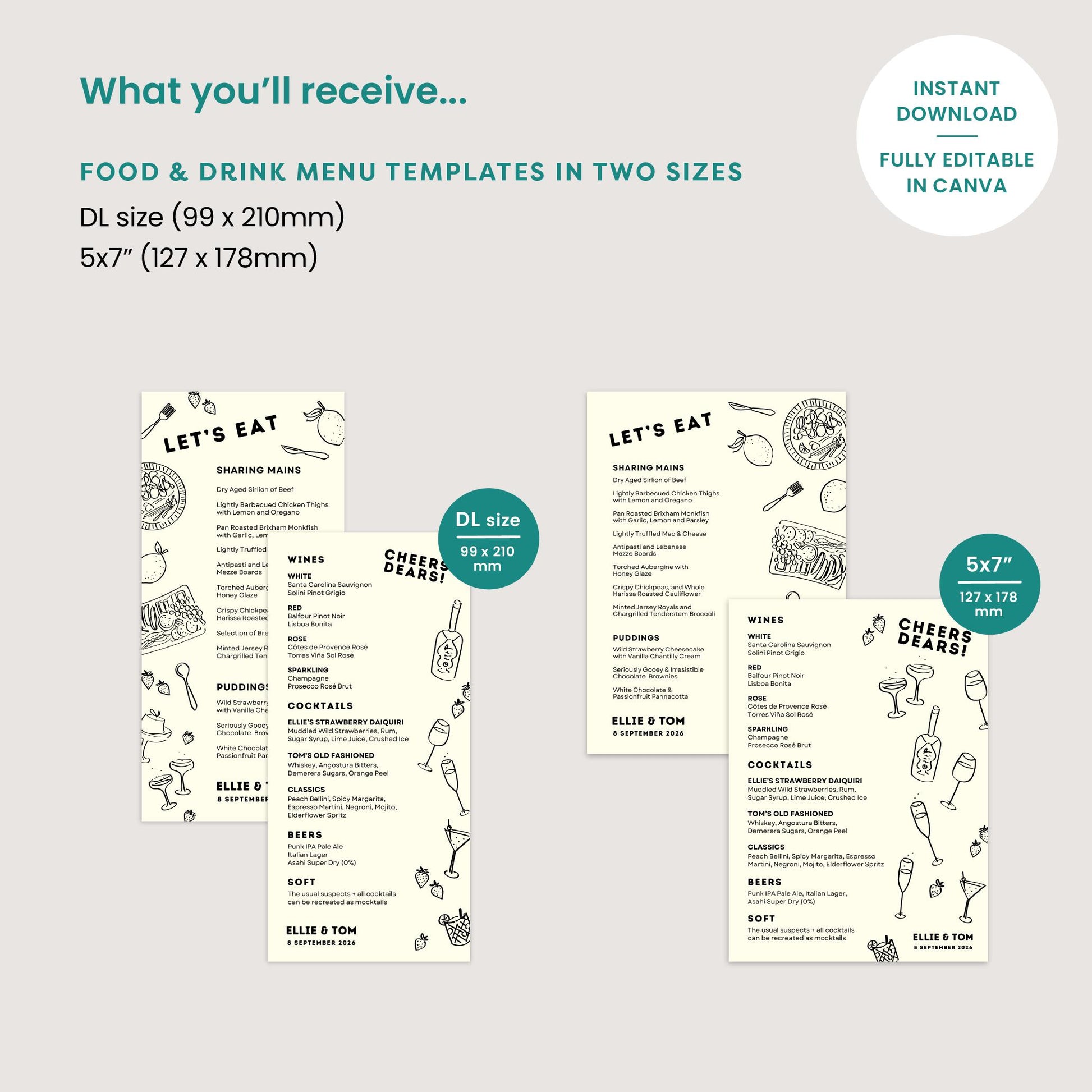 Monochrome Wedding Menu Template, Hand Drawn Illustrations, Canva Editable