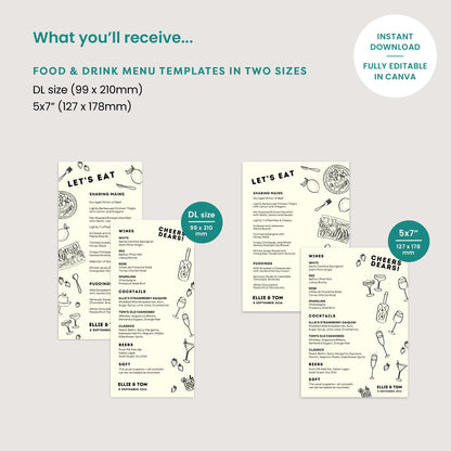 Monochrome Wedding Menu Template, Hand Drawn Illustrations, Canva Editable