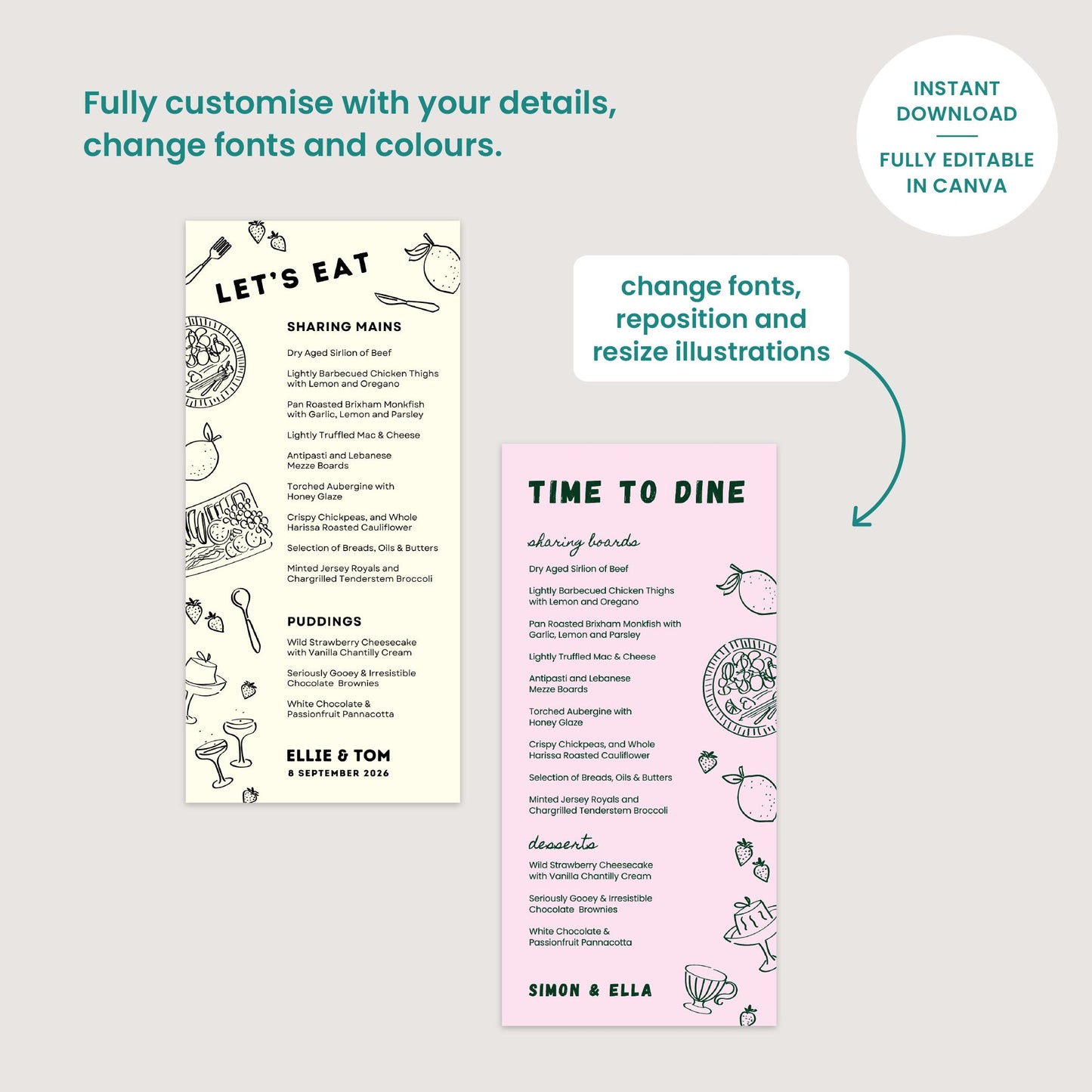 Monochrome Wedding Menu Template, Hand Drawn Illustrations, Canva Editable