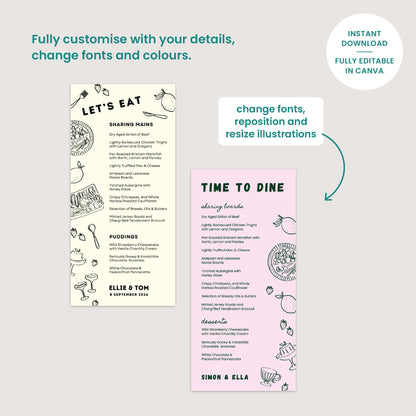 Monochrome Wedding Menu Template, Hand Drawn Illustrations, Canva Editable