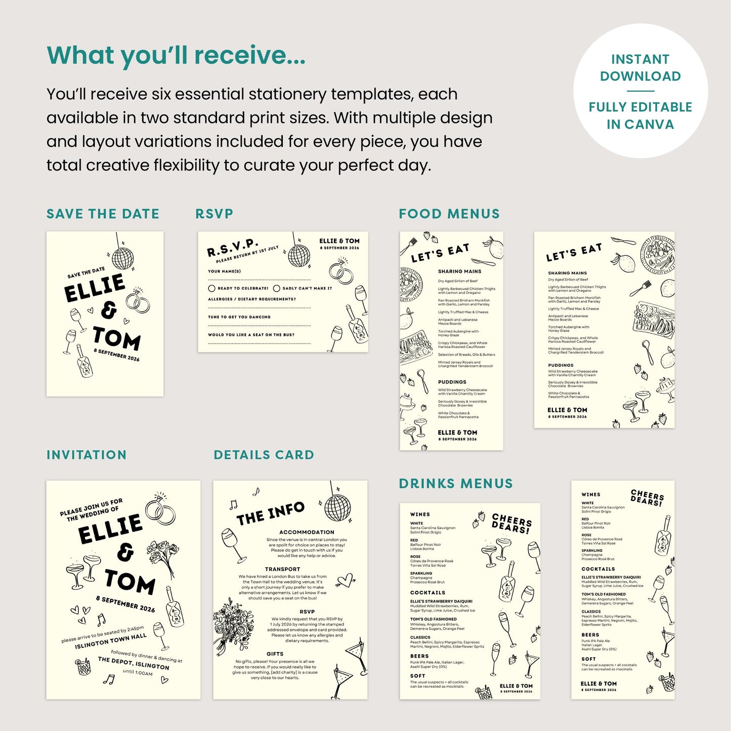Monochrome Wedding Stationery Bundle, Digital Templates, Hand Drawn Illustrations, Canva Editable