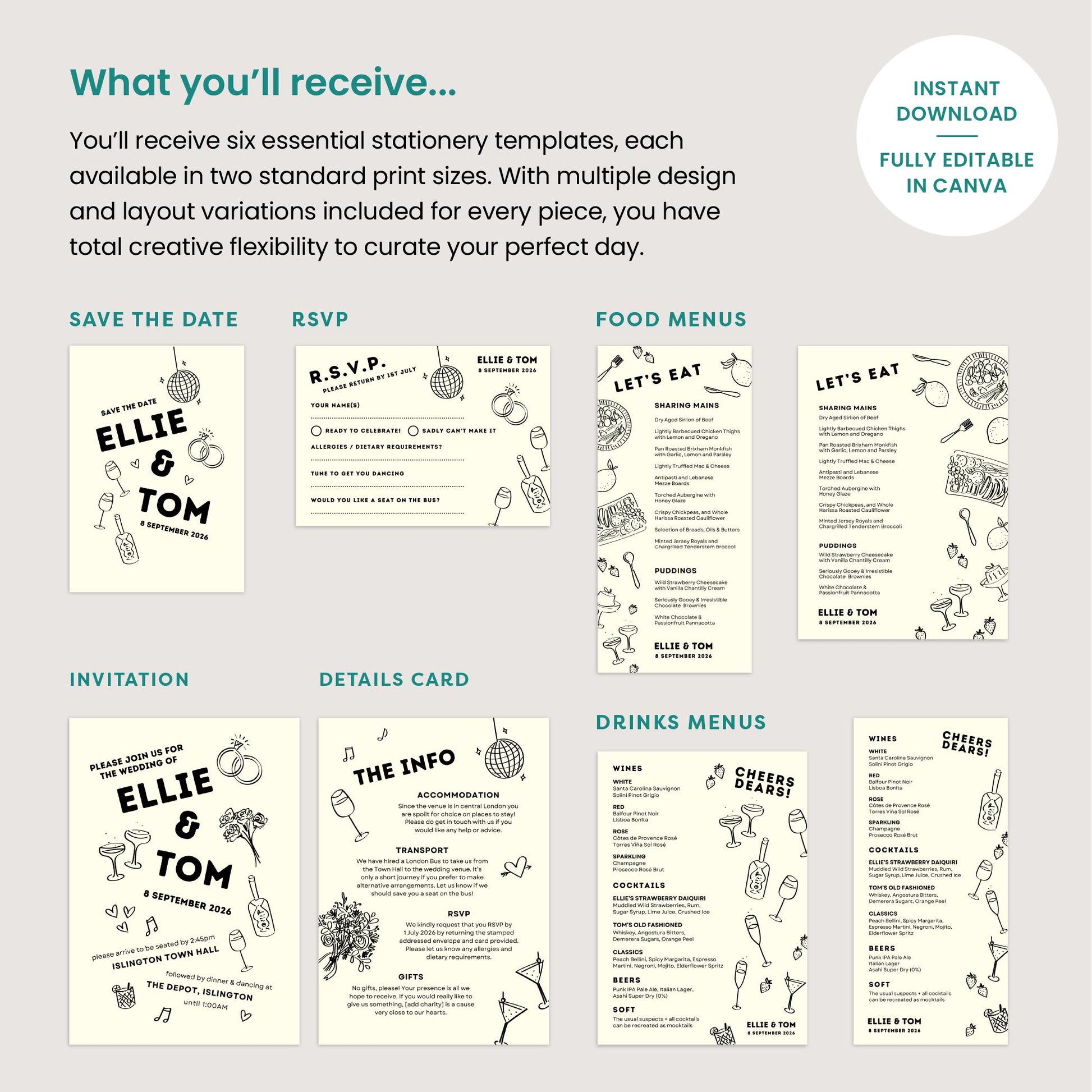 Monochrome Wedding Stationery Bundle, Digital Templates, Hand Drawn Illustrations, Canva Editable