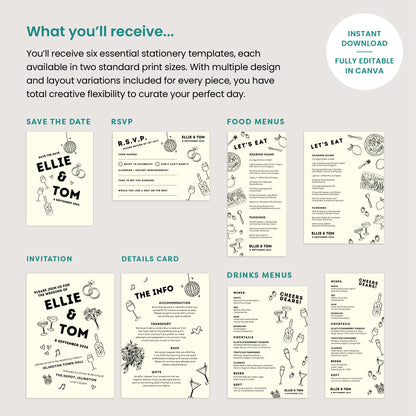 Monochrome Wedding Stationery Bundle, Digital Templates, Hand Drawn Illustrations, Canva Editable