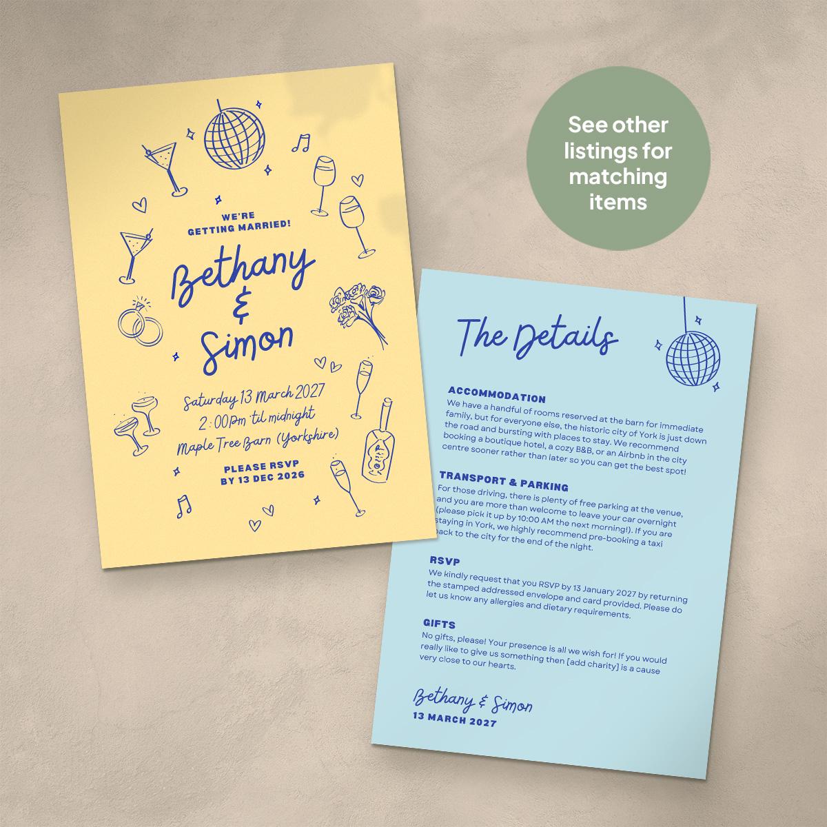 Illustrated Wedding Invitation Template Bundle, Retro Candy Coloured, Canva Editable, Digital Download