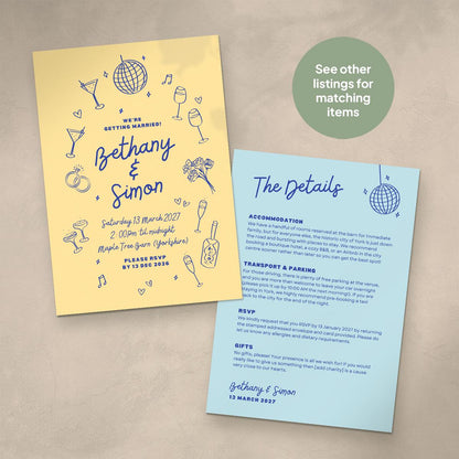 Illustrated Wedding Invitation Template Bundle, Retro Candy Coloured, Canva Editable, Digital Download