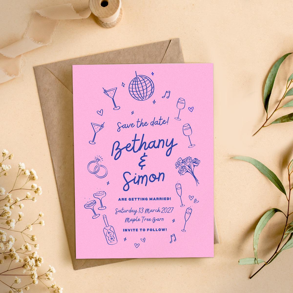 Illustrated Wedding Invitation Template Bundle, Retro Candy Coloured, Canva Editable, Digital Download