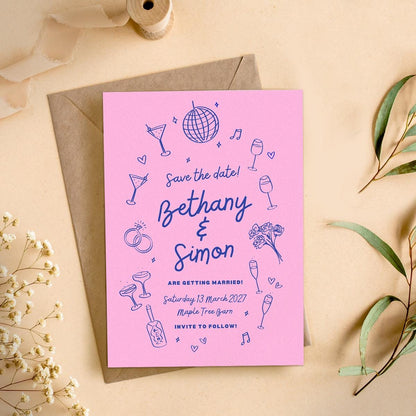 Wedding Save The Date, Digital Download, Hand drawn Illustrations, Disco Ball, Cocktails, Canva Template