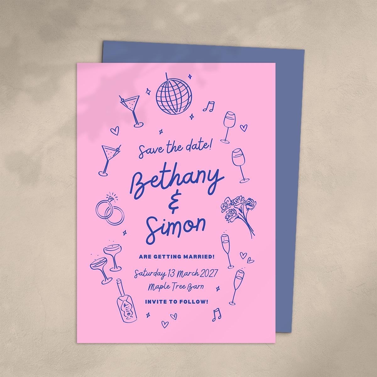 Wedding Save The Date, Digital Download, Hand drawn Illustrations, Disco Ball, Cocktails, Canva Template