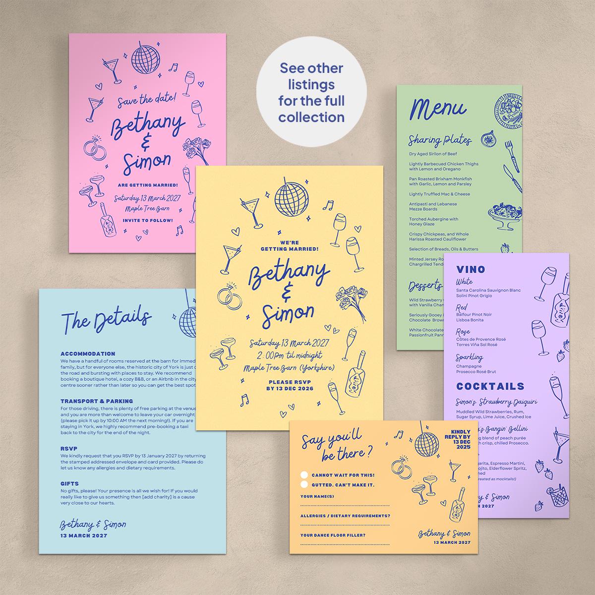 Wedding Food and Drinks Menus, Cocktail Wine List, Retro Wedding, Canva Template Digital Download