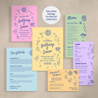 Wedding Food and Drinks Menus, Cocktail Wine List, Retro Wedding, Canva Template Digital Download