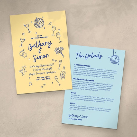Illustrated Wedding Invitation & Details Card, Pastel Colour Block, Canva Template, Digital Download