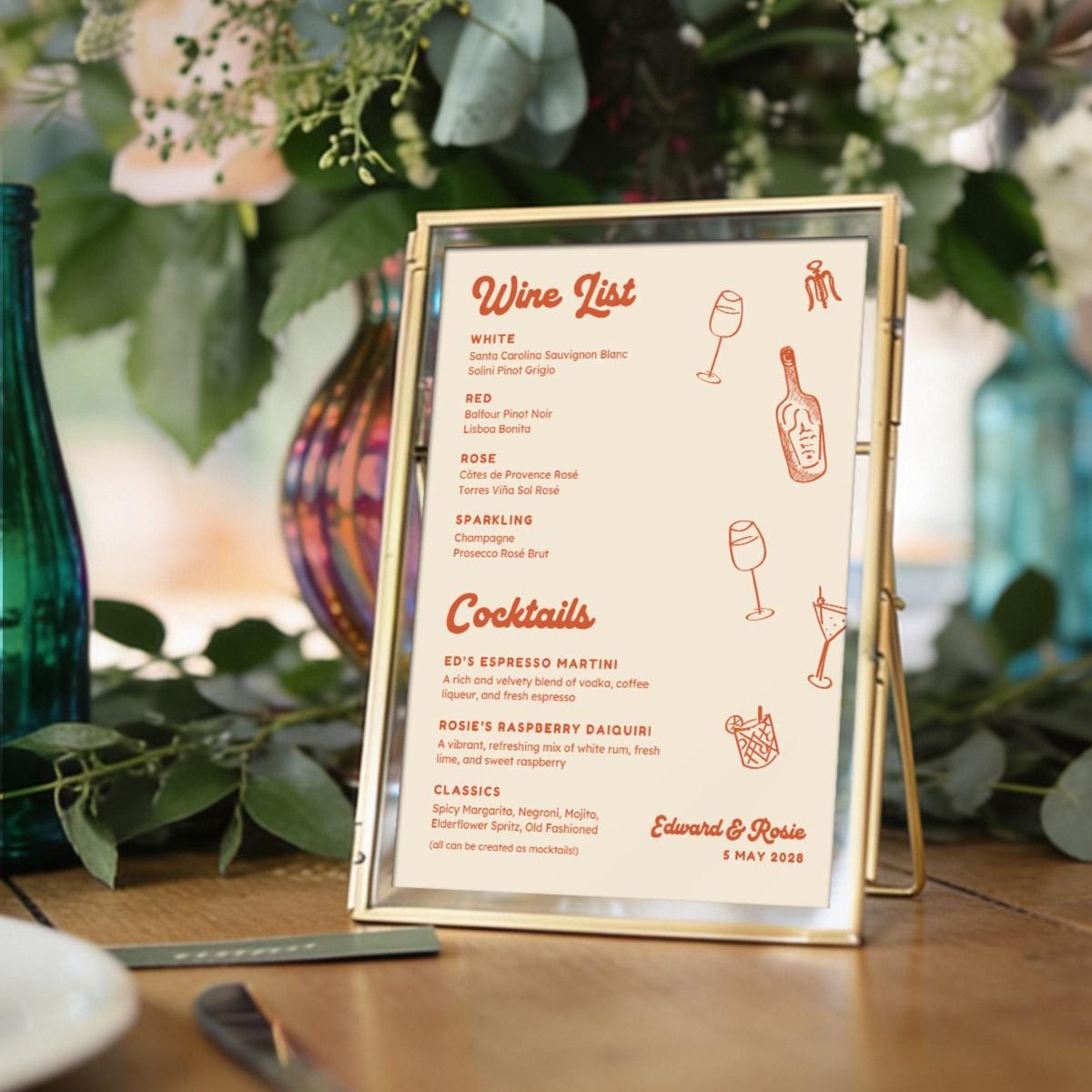 Illustrated Food and Drinks Menus, Cocktail Wine List, Retro Wedding, Canva Template Digital Download