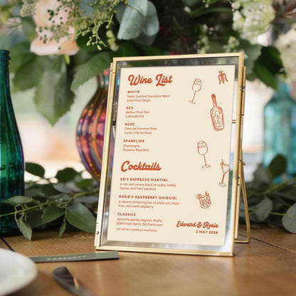Illustrated Food and Drinks Menus, Cocktail Wine List, Retro Wedding, Canva Template Digital Download
