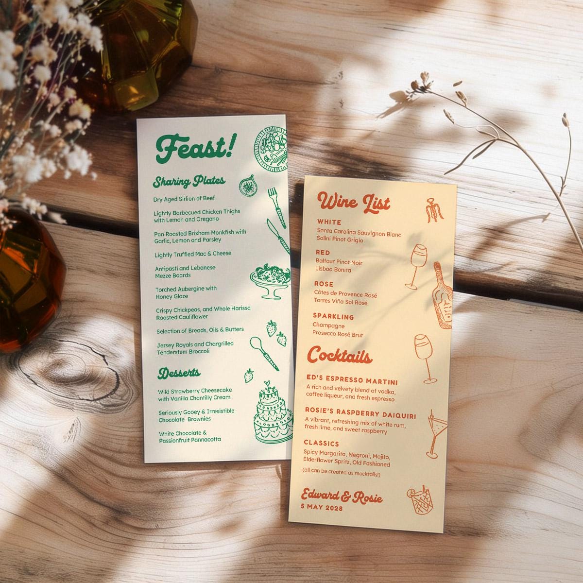 Illustrated Food and Drinks Menus, Cocktail Wine List, Retro Wedding, Canva Template Digital Download