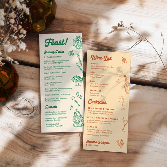 Illustrated Food and Drinks Menus, Cocktail Wine List, Retro Wedding, Canva Template Digital Download