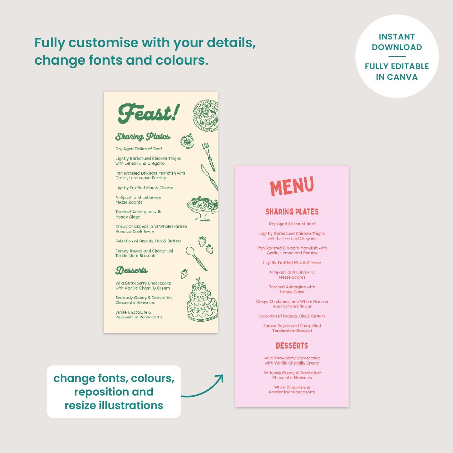 Illustrated Food and Drinks Menus, Cocktail Wine List, Retro Wedding, Canva Template Digital Download