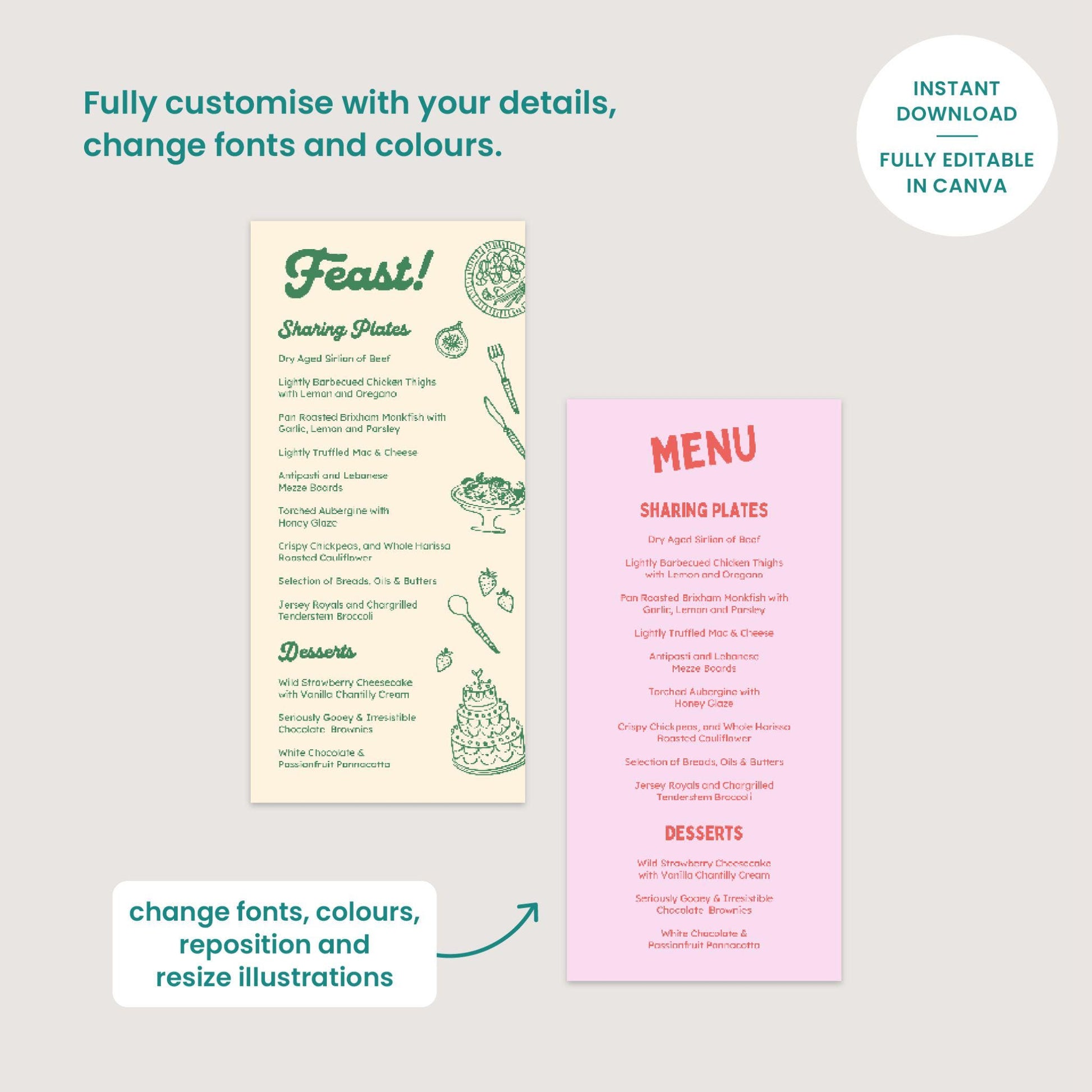 Illustrated Food and Drinks Menus, Cocktail Wine List, Retro Wedding, Canva Template Digital Download