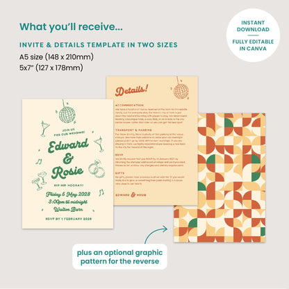 Retro Illustrated Wedding Invitation & Details Card, Mid Century Modern, Canva Template, Digital Download