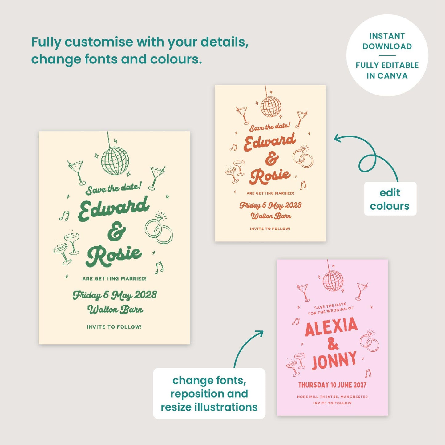 Mid Century Modern Save The Dates, City Pub Industrial Retro Wedding, Canva Editable, Digital Download