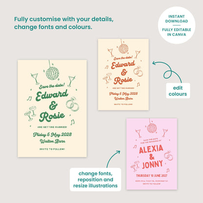 Mid Century Modern Save The Dates, City Pub Industrial Retro Wedding, Canva Editable, Digital Download