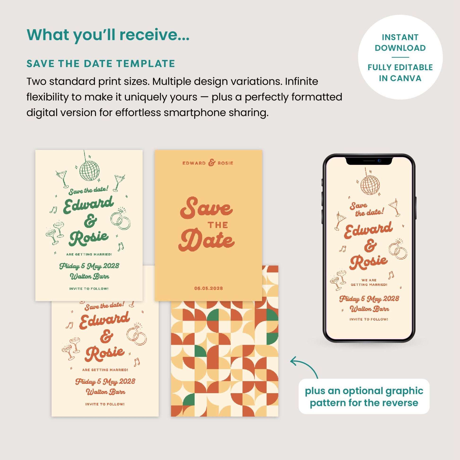 Mid Century Modern Save The Dates, City Pub Industrial Retro Wedding, Canva Editable, Digital Download