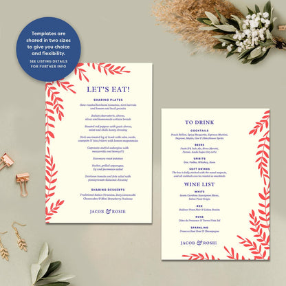 Editable Rustic Wedding and Bar Menu, Autumn Winter Foliage, Canva Template, Digital Download
