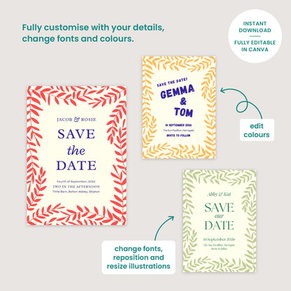 Editable Save The Dates, Autumnal Winter Foliage, Digital Download, Canva Template, Rustic Barn, Countryside Wedding