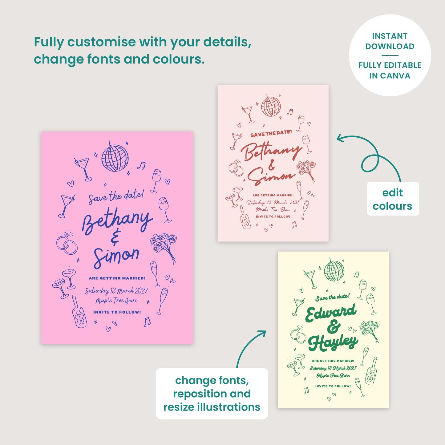 Wedding Save The Date, Digital Download, Hand drawn Illustrations, Disco Ball, Cocktails, Canva Template