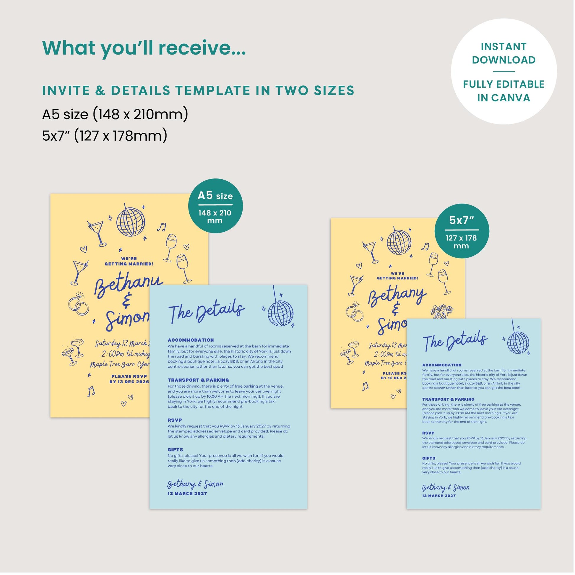 Illustrated Wedding Invitation & Details Card, Pastel Colour Block, Canva Template, Digital Download
