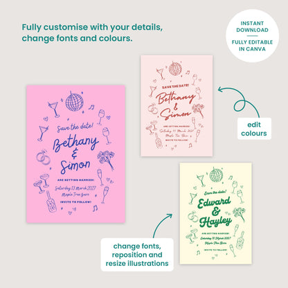Illustrated Wedding Invitation Template Bundle, Retro Candy Coloured, Canva Editable, Digital Download