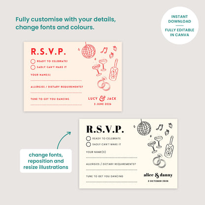 Editable Illustrated Wedding Suite, Invitations, Save the Date, Menus, Informal Vibe, Canva Template, Digital Download
