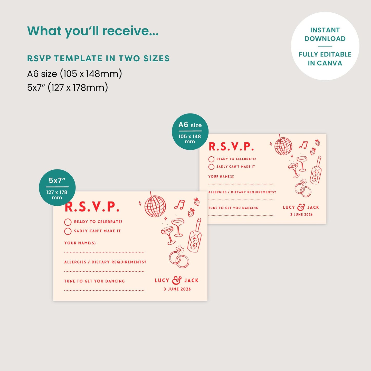Editable Illustrated RSVP Template, Hand Drawn Disco Ball Illustration, Canva Template