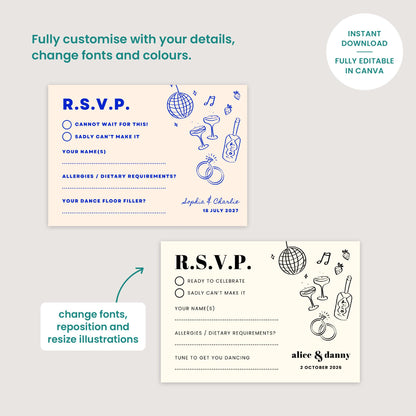 Editable Wedding Stationery Suite, Relaxed Vibe, Electric Blue, Canva Template