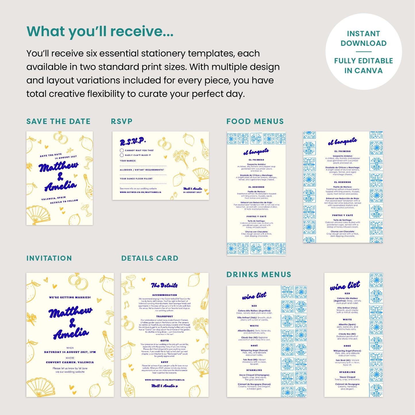 Editable Lemon Wedding Invitations, Mediterranean Spanish Garden, Canva Template, Digital Download