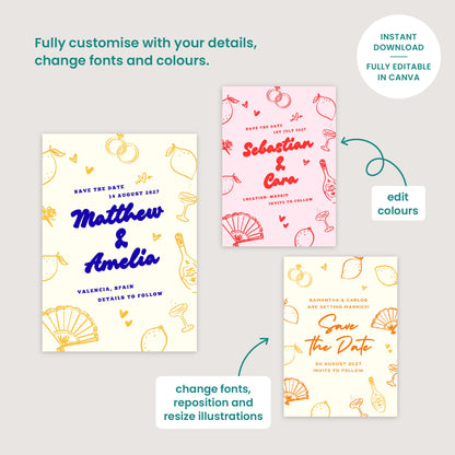 Editable Lemon Wedding Invitations, Mediterranean Spanish Garden, Canva Template, Digital Download
