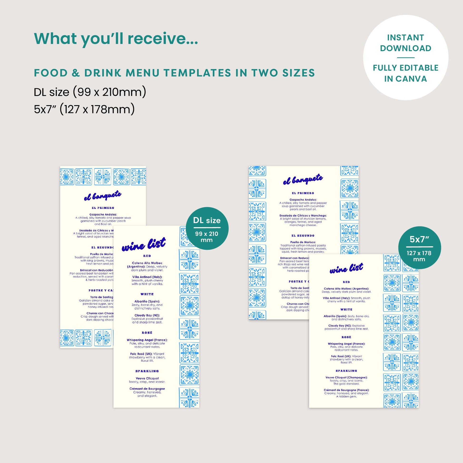 Editable Food and Drink Menus, Hand Drawn Lemons, Spanish Wedding, Canva Template