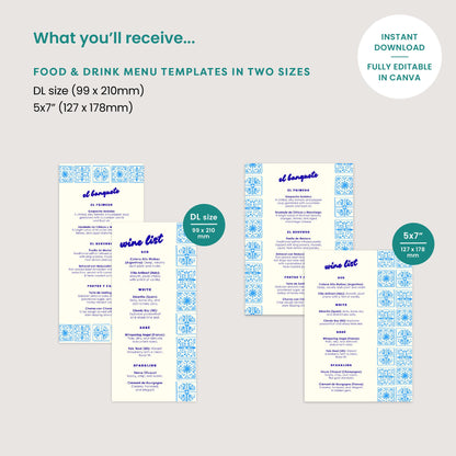 Editable Food and Drink Menus, Hand Drawn Lemons, Spanish Wedding, Canva Template