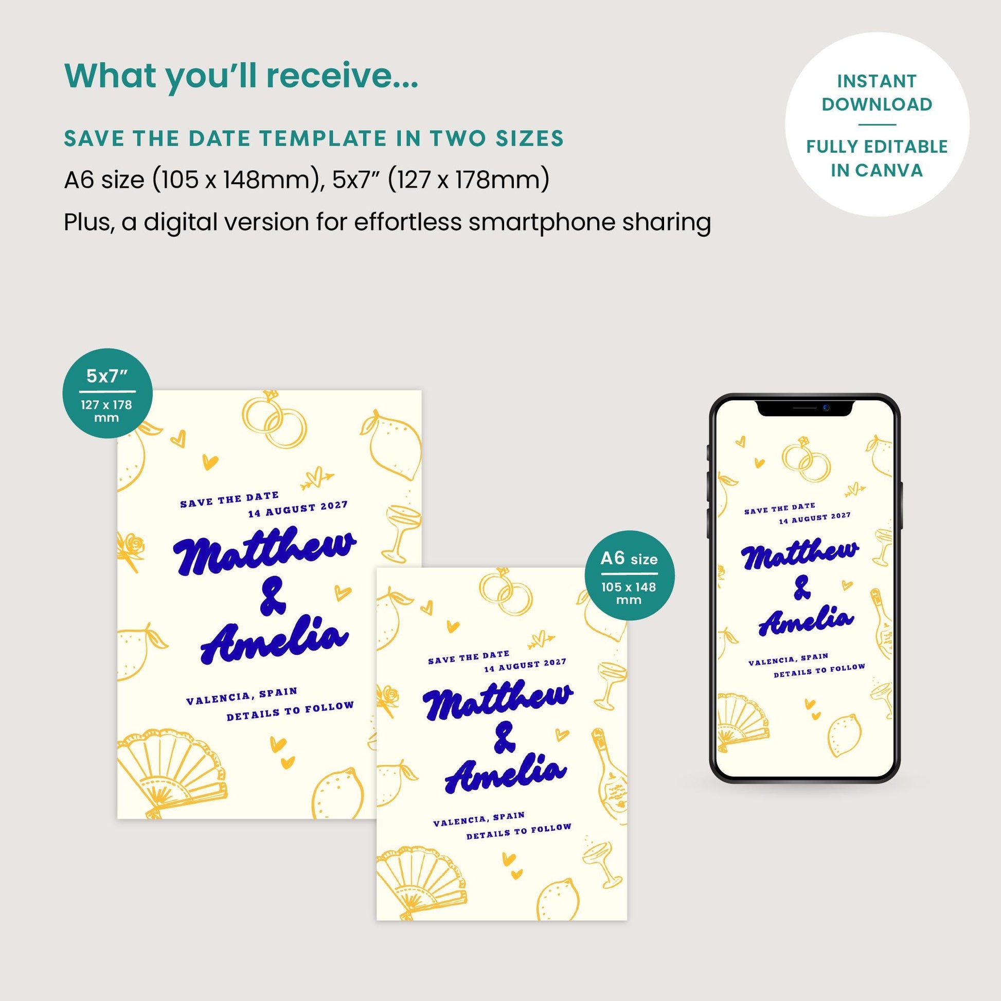 Editable Lemons Save The Date, Hand Drawn Illustrations, Canva Template, Digital Download
