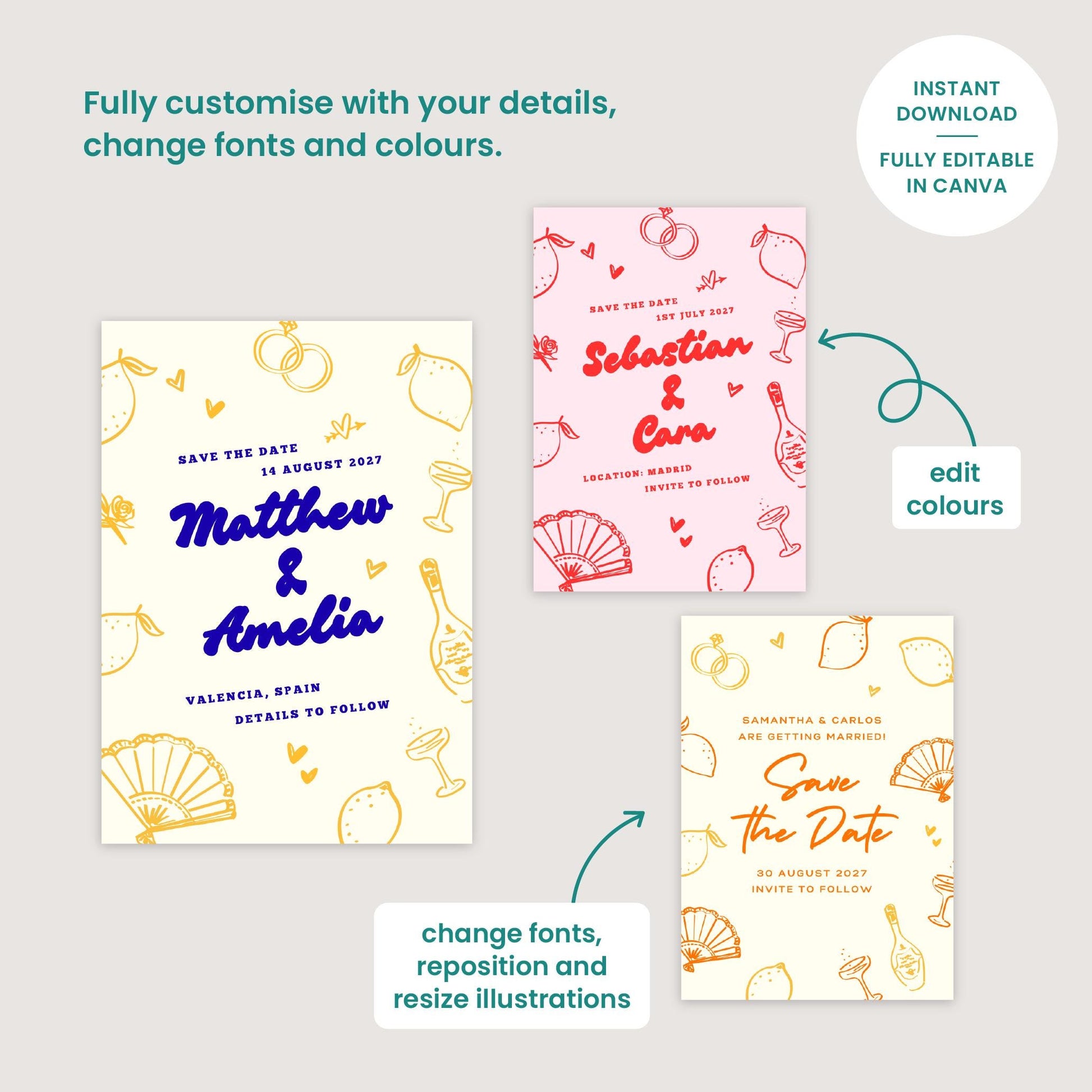 Editable Lemon Wedding Invitation Suite, Canva Template, Spanish Mediterranean Garden, Digital Download